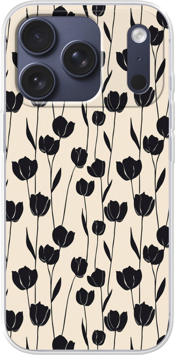 Telefoonhoesje Geschikt voor iPhone 17 Pro hoesje - Tulpen - Patroon - Zwart - Siliconen Telefoonhoesje Telefoonhoesje