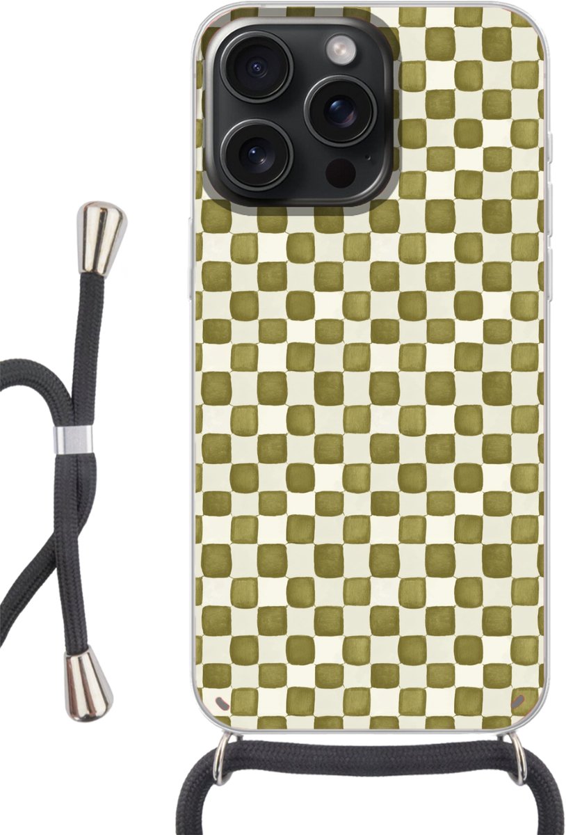 Telefoonhoesje Geschikt voor iPhone 15 Pro Max - Schaak - Patroon - Groen - Siliconen - Crossbody - Backcover met Koord - Telefoonhoesje met koord - Hoesje met touw Telefoonhoesje