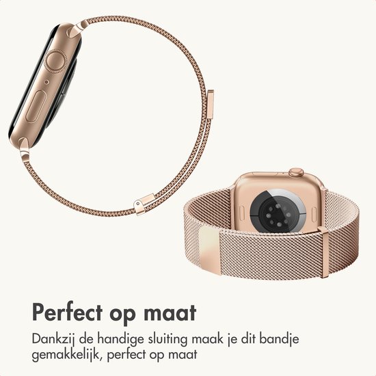 Rosegouden Apple Watch met Milanese bandje, met een illustratie ernaast. Tekst: 'Perfect op maat Dankzij de handige sluiting maak je dit bandje gemakkelijk, perfect op maat'.