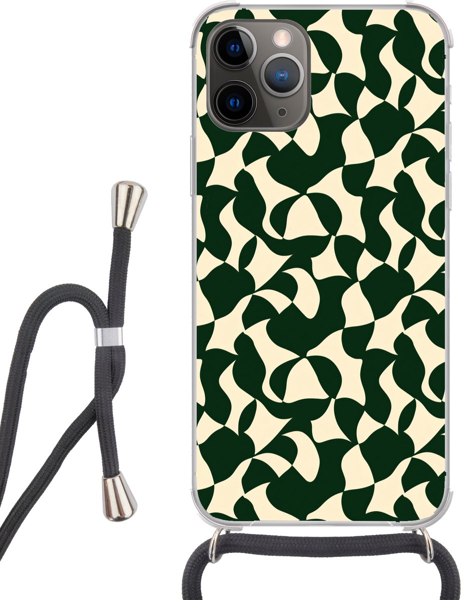 Telefoonhoesje Geschikt voor iPhone 11 Pro - Groen - Organische vlakken - Crème - Siliconen - Crossbody - Backcover met Koord - Telefoonhoesje met koord - Hoesje met touw Telefoonhoesje