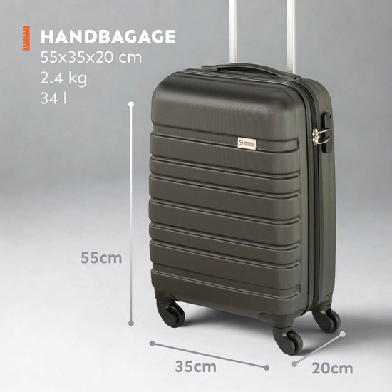 Donkergrijze handbagage koffer (55x35x20cm) met uitschuifbare handgreep en vier wielen.