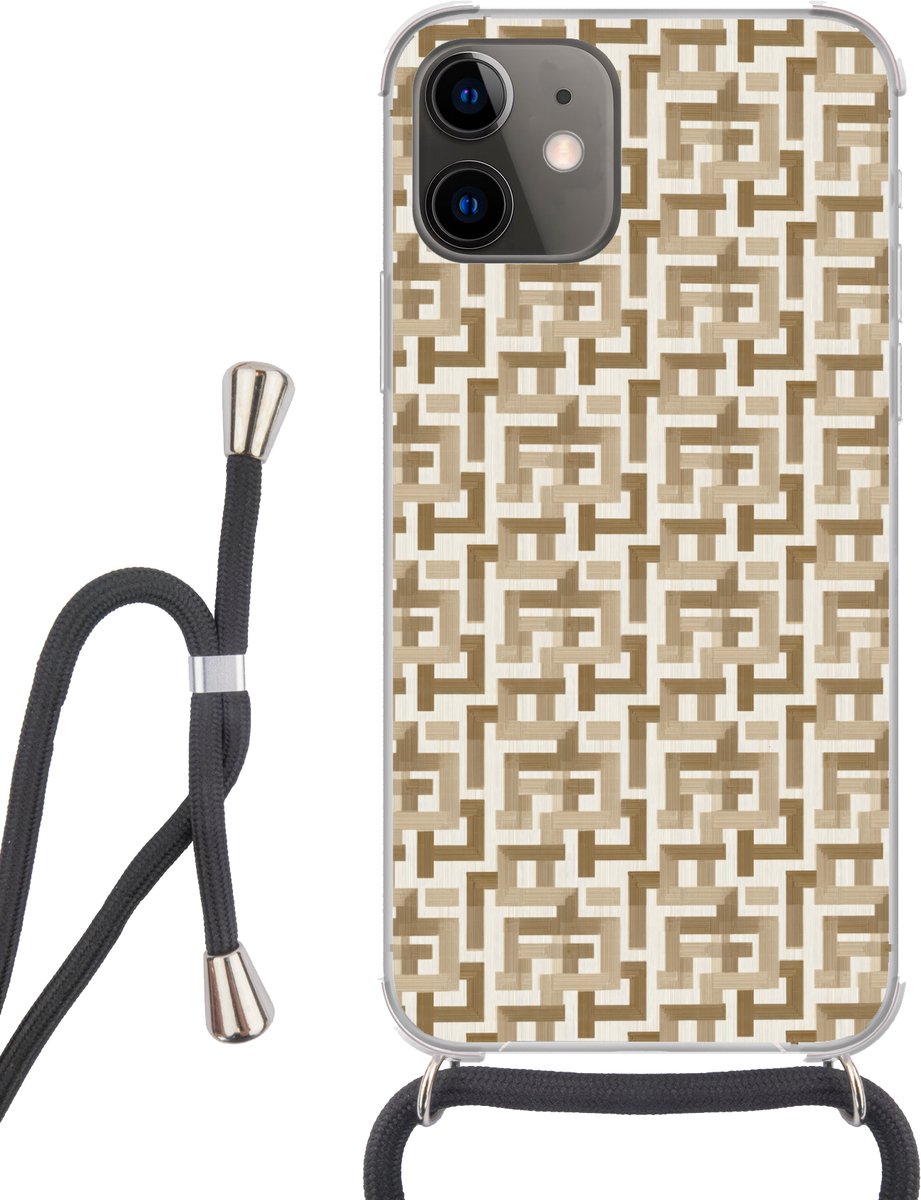 Telefoonhoesje Geschikt voor iPhone 12 Mini - Geometrisch - Retro - Bruin - Siliconen - Crossbody - Backcover met Koord - Telefoonhoesje met koord - Hoesje met touw Telefoonhoesje