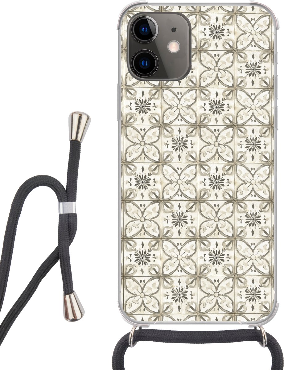 Telefoonhoesje Geschikt voor iPhone 12 - Antiek - Tegel - Beige - Siliconen - Crossbody - Backcover met Koord - Telefoonhoesje met koord - Hoesje met touw Telefoonhoesje