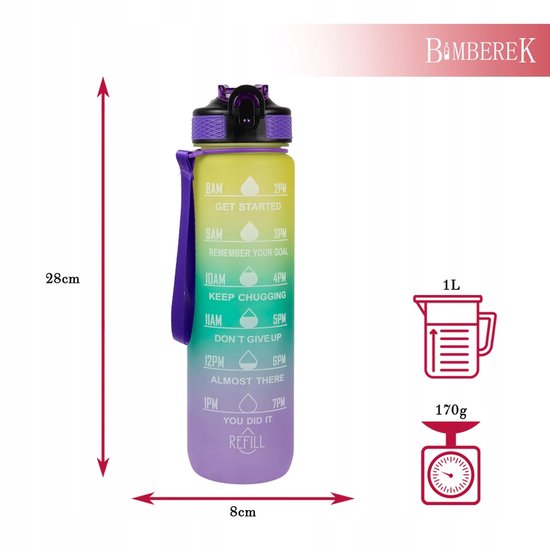 Zonder Merk Motivatie Waterfles - 1L - Sportief met Rietje - Met Markeringen — afbeelding 4