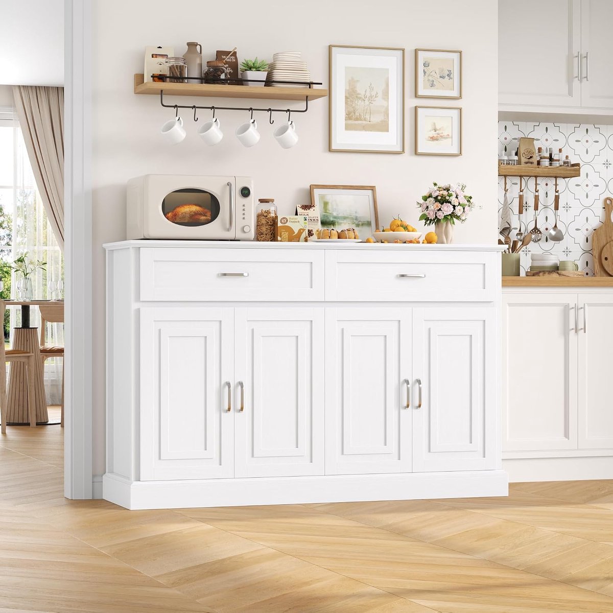 Luxe Verrijdbaar Keukeneiland 135x60x88 cm met Stopcontacten, Inklapbaar Werkblad, Afvalscheiding, Messenblok en Wielen – Multifunctionele Keukentrolley met Opbergruimte en Lades – Wit –