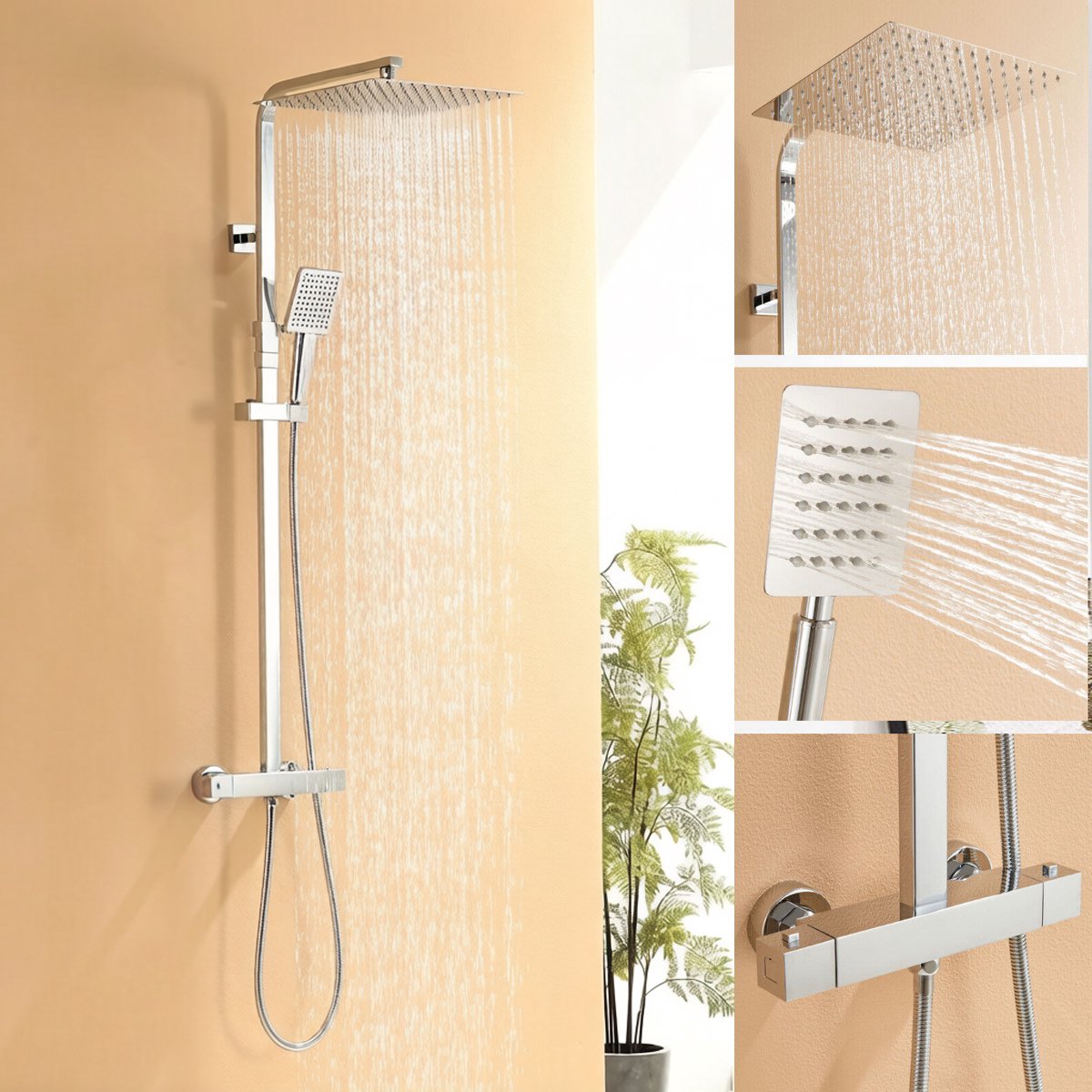Auralum Regendouche met Thermostaatkraan - Chroom Doucheset- Regendoucheset - Handdouche - 2-functie doucheset met vierkante 12" hoge douchekop - instelbare hoogte 90-116cm