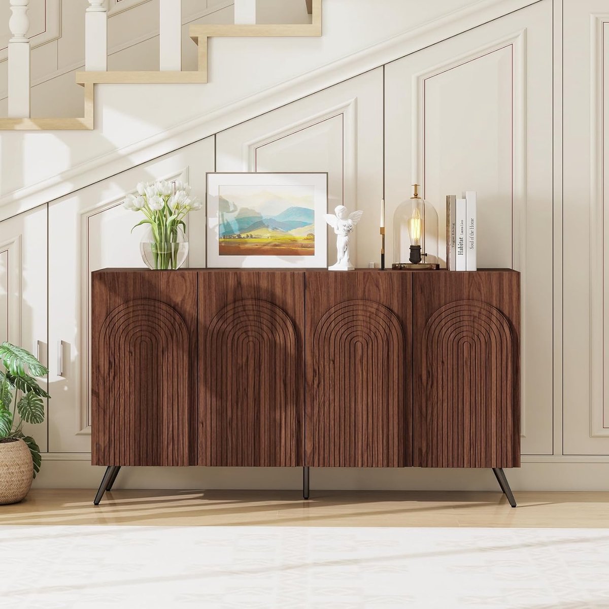 Dressoir Kast 4 Deuren 150x83x37 cm Vintage Opbergkast met 3D Design en Verstelbare Planken Walnootkleur Woonkamer Kast Urbanhome