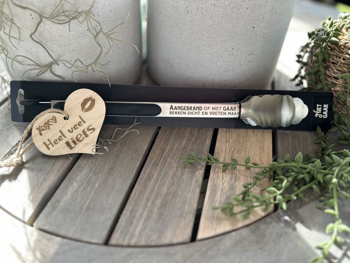 Creaties van hier – BBQ tang Aangebrand met houten hartje – hittebestendig - Rvs – 40 cm – BBQ Tang