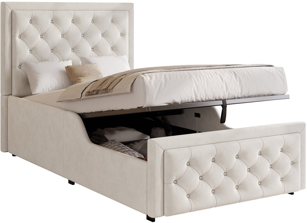 Merax Kinderbed 90x200 Cm - Eenpersoonsbed - Fluweel Gestoffeerd Bed - Bed Met Opbergruimte - Hydraulisch Bed Met Lattenbodem - Beige