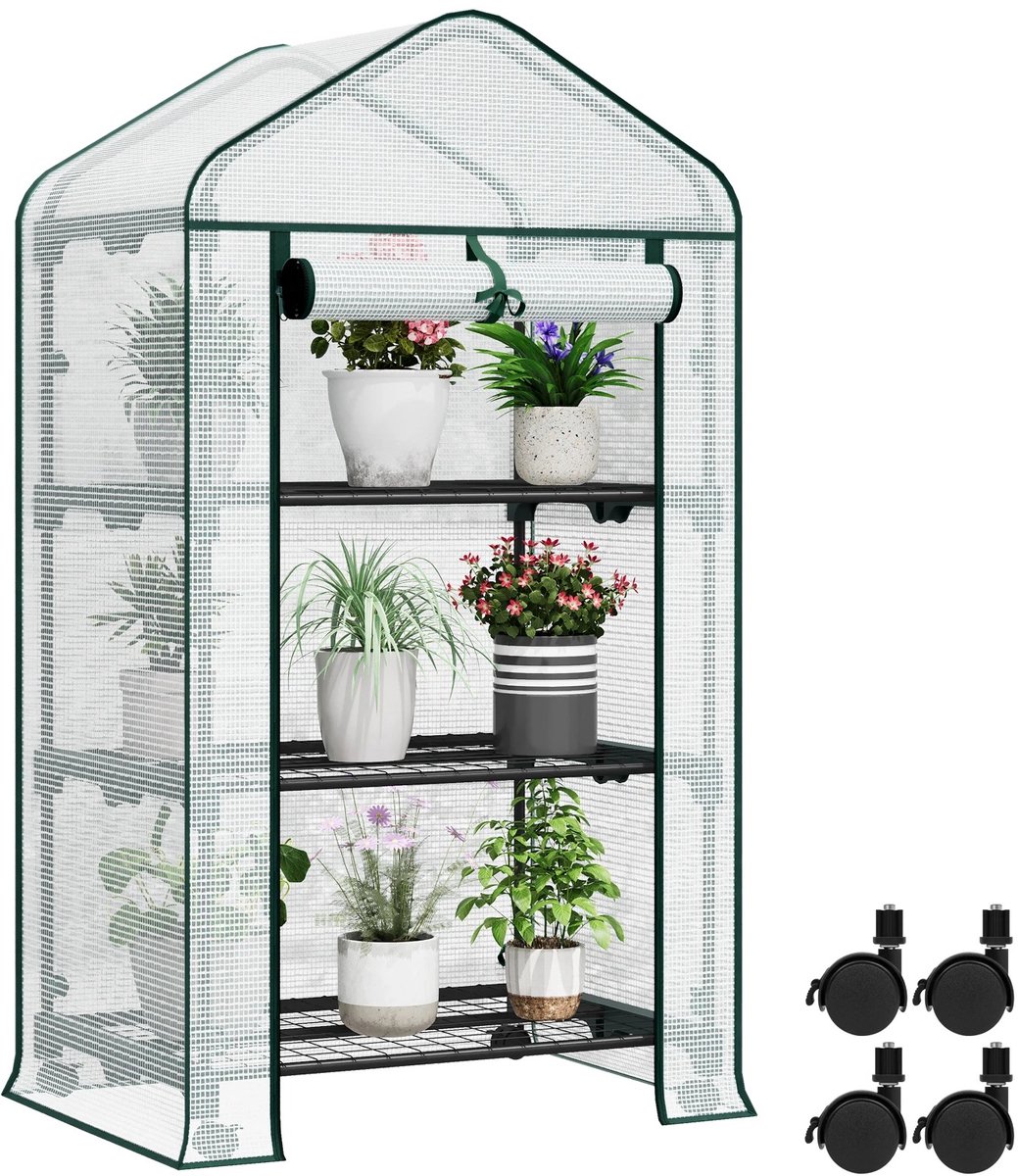 Stervia Tuinkas - Kweekkas - Broeikas - 3 Laags Verstelbare Planken - Op Wielen - Oproldeur - PE Gaasdoek - Wit - 70 x 130 x 50 cm