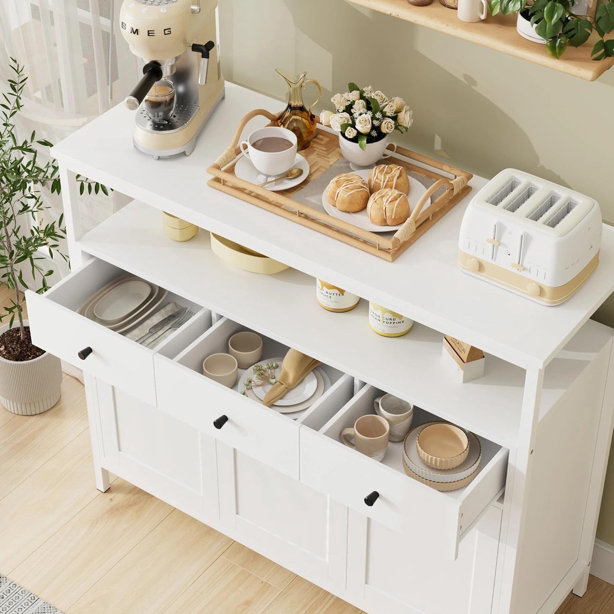Dressoir Kast 3 Deuren 3 Laden 108x98,5x38 cm Keukenkast met Open Vak en Verstelbare Plank Moderne Woonkamer Kast Wit Urbanhome