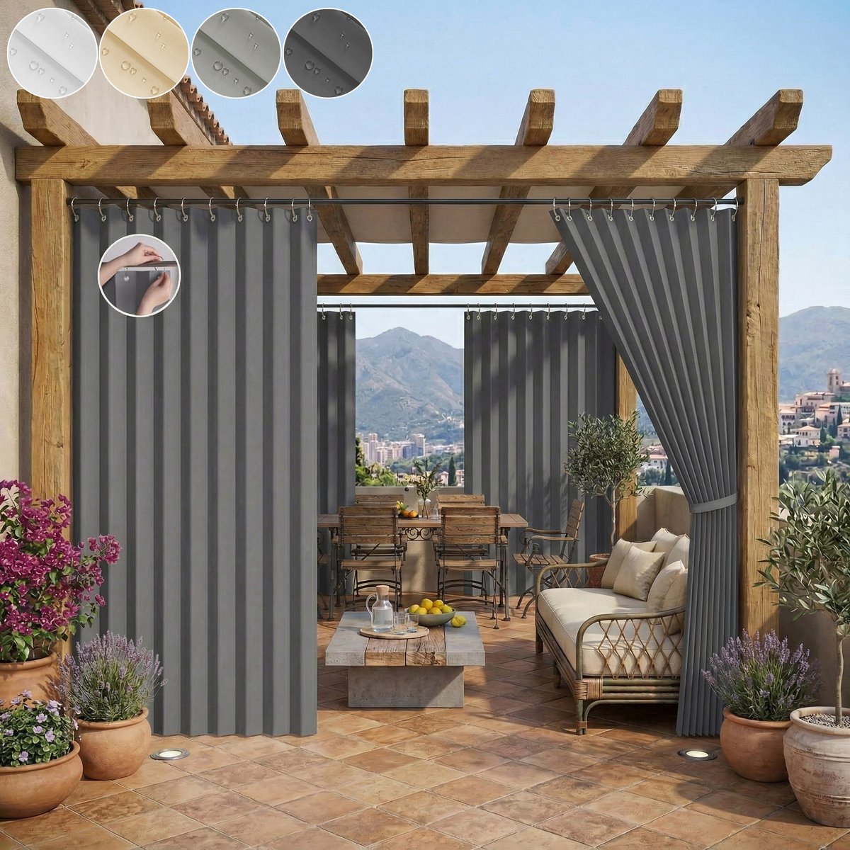 Qelus Anti-Haak Buitengordijn Waterdicht 2 Stuks - Krasbestendig Outdoor Gordijn met Permanente Plooi 140x200 cm - Slijtvast Verduisterend Terrasgordijn voor Tuin & Balkon - Donkergrijs