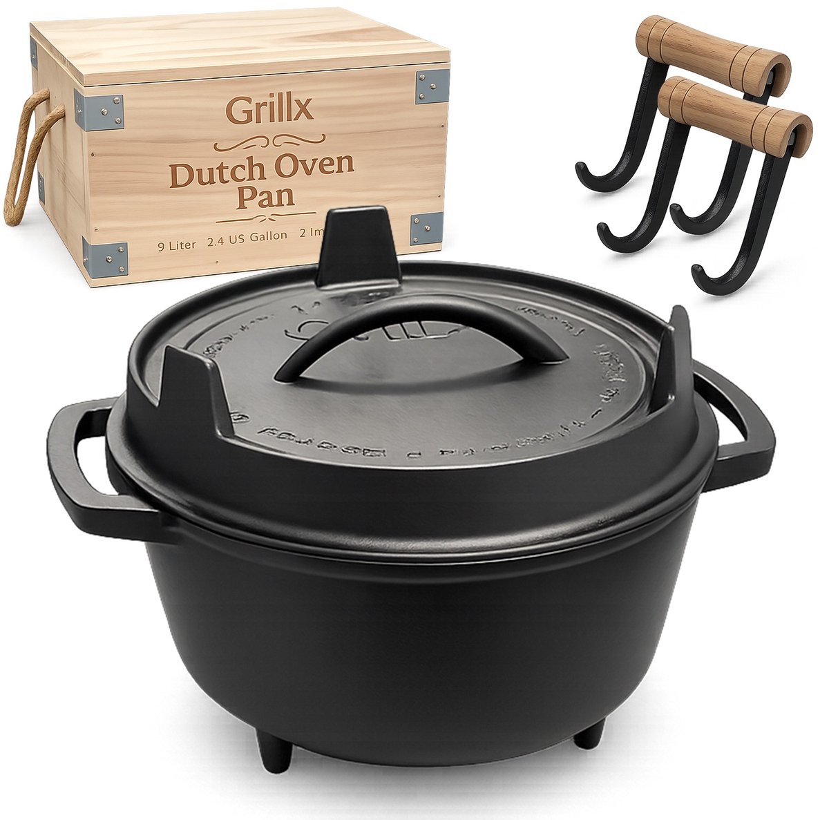 Grillx Dutch Oven 9 Liter Inclusief Opberghoes - Unieke handvaten - Luxe Geschenkverpakking - Gietijzeren Pan