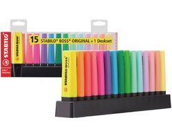 STABILO BOSS ORIGINAL – Markeerstift - Deskset Met 15 Stuks - 9 Standaard + 6 Pastel Kleuren