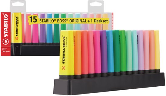 Set van 15 STABILO BOSS ORIGINAL markeerstiften in diverse kleuren in een zwarte display, met verpakking waarop '15 STABILO BOSS ORIGINAL + 1 Deskset' staat.