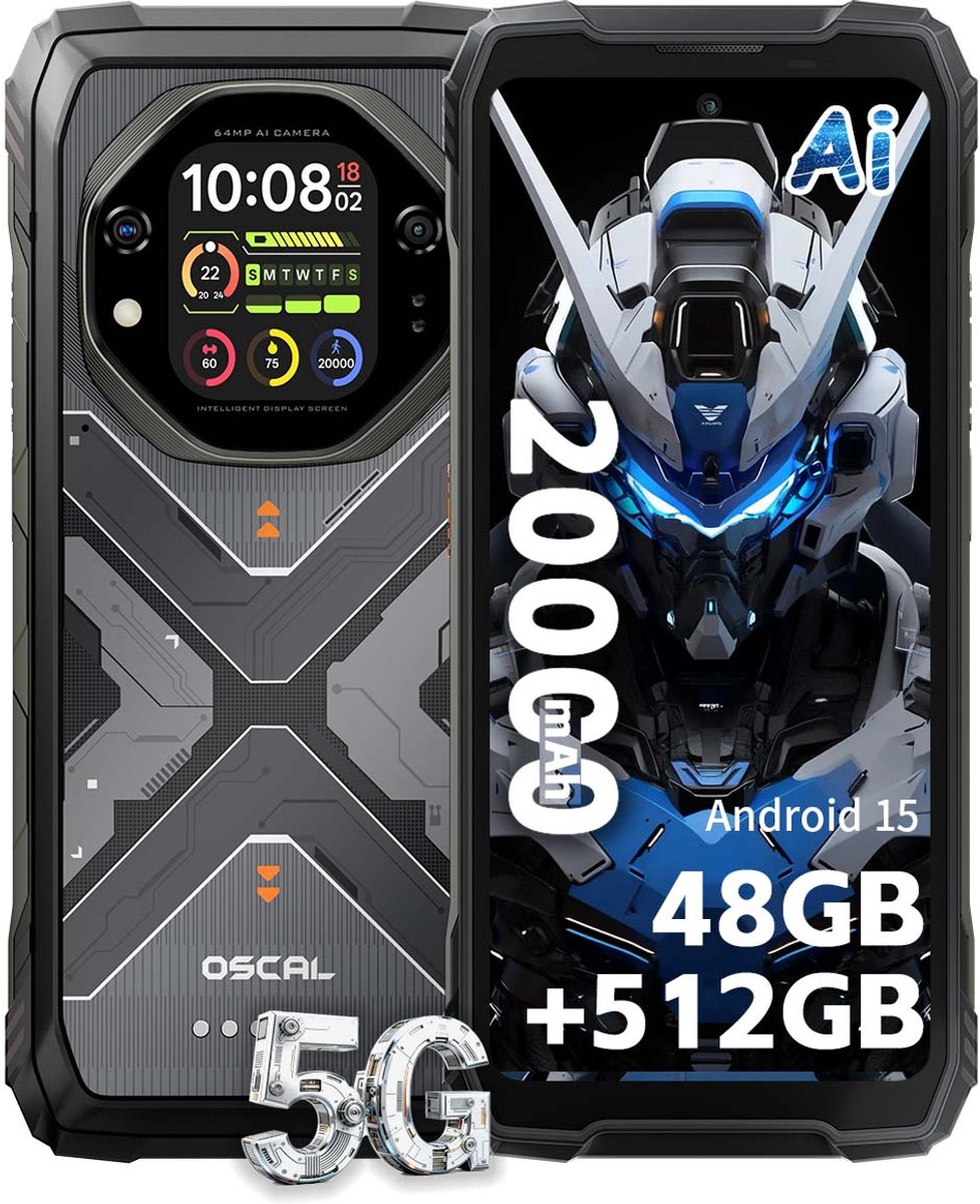 OSCAL TANK 1 Robuuste Smartphone 5G - 48GB RAM - 512GB ROM - 6,78 inch 2,4K FHD+ 120Hz - 20000mAh - 64MP + 50MP Camera, 20MP Nachtzicht - 170LM Dubbele LED-lamp - 100dB luidspreker - IP68/IP69K Outdoor Telefoon - Android 15 - NFC GPS - Zwart