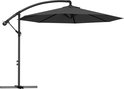 Zwarte zweefparasol met een gebogen paal en een open kap.
