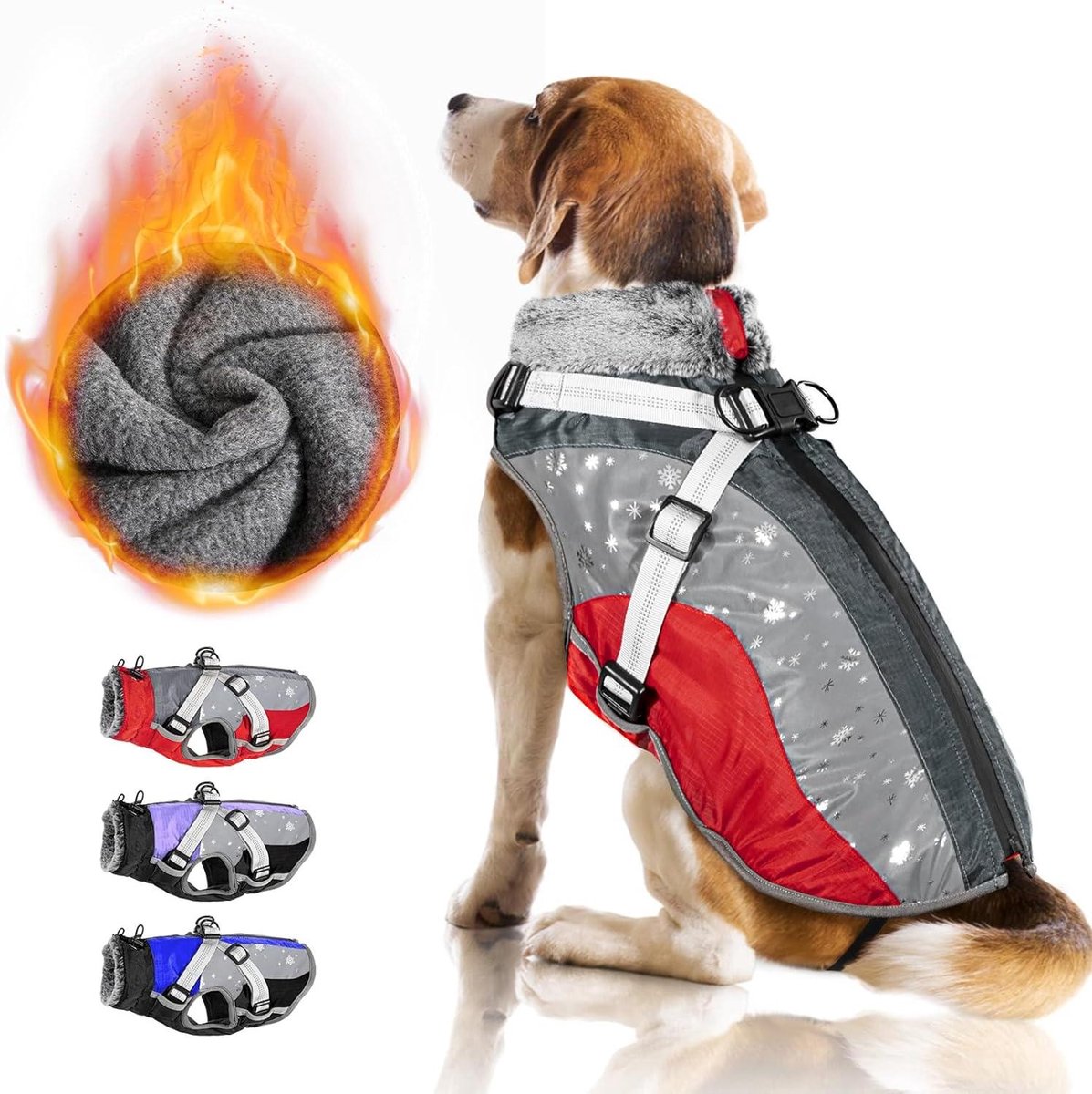 Hondenjas Winter - Hondenvest Warm - Bescherming tegen Kou - Afneembaar Harnas - XXL - Rood-grijs