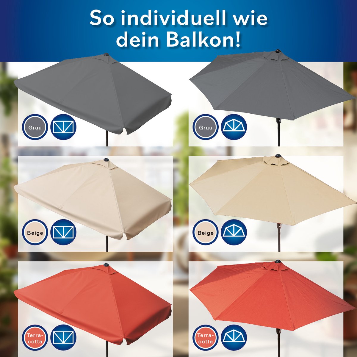 EASYmaxx rechthoekige parasol | 230 x 140 x 253 cm | voor balkon en terras | past precies tegen muren | met praktische handslinger en zonwering UV-bescherming 40+ | biedt schaduw thumbnail 3