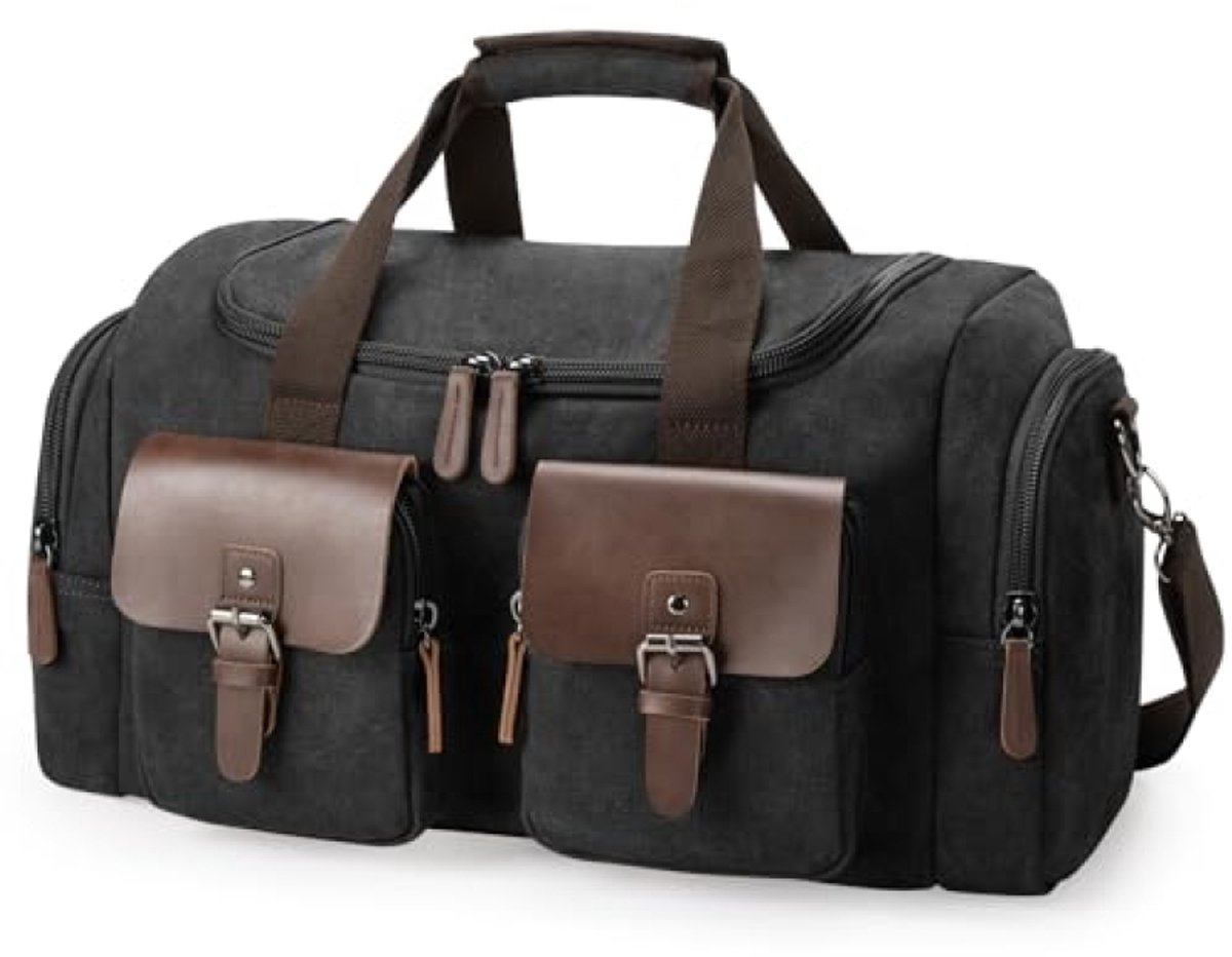 Vintage Canvas Reistas 35L - Uniseks weekendtas met meerdere vakken - Geschikt als handbagage voor vliegtuig, zakenreis en camping - Zwart