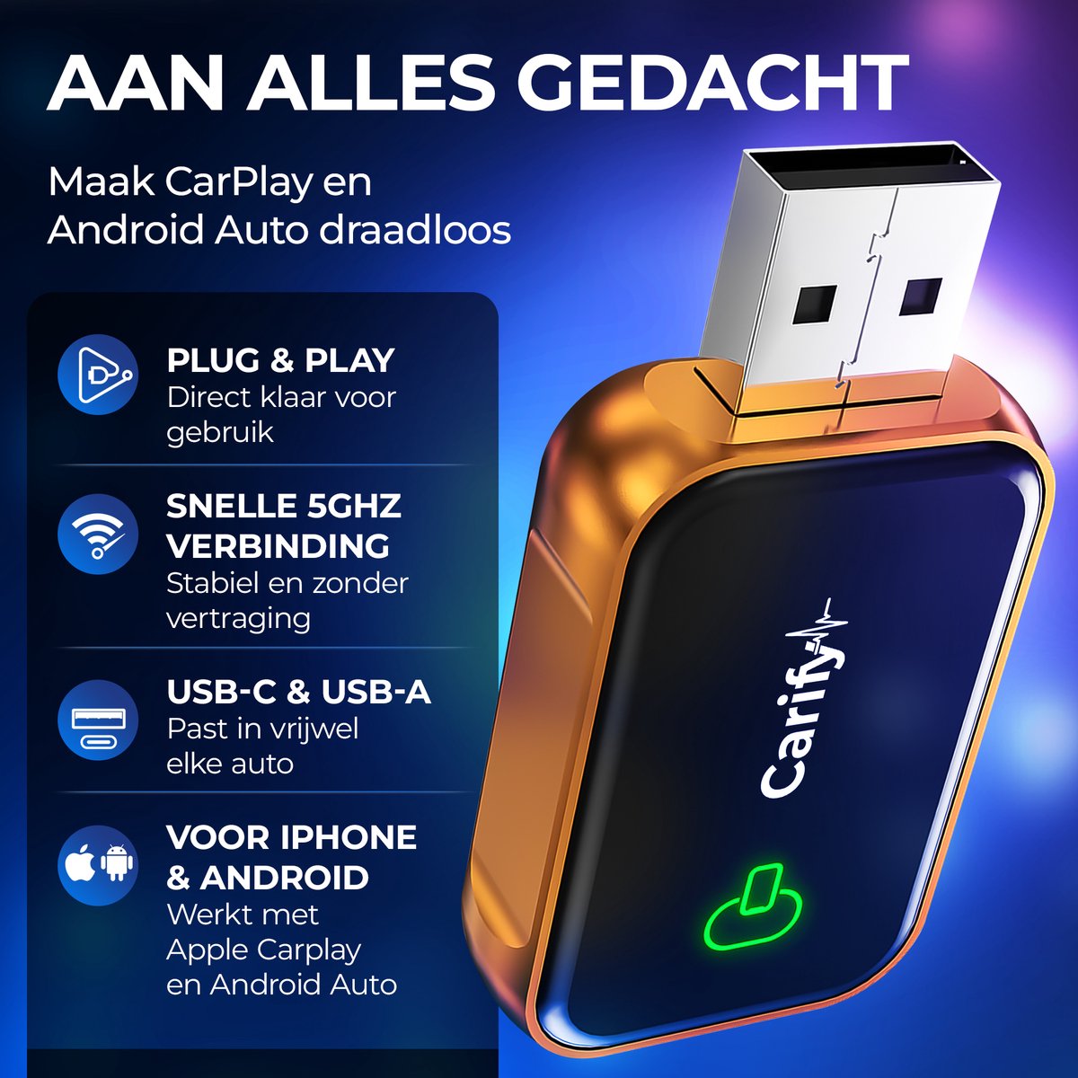 Carify Premium 2-in-1 draadloze CarPlay & Android Auto adapter USB-A/C Bluetooth 5.4 oranje dongle - Afbeelding 2