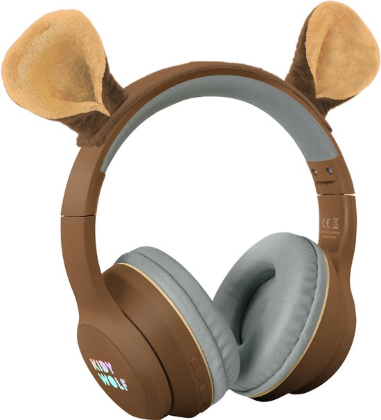 Casque marron avec de mignonnes oreilles d'ours sur le dessus, le logo 'KIDY WOLF' est visible.