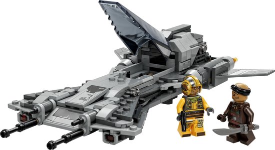 Grijze LEGO Star Wars "Pirate Snub Fighter" met openklapbare vleugels en twee minifiguren.