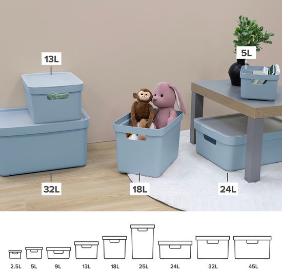 Lichtblauwe opbergboxen van Sunware in verschillende maten (13L, 32L, 18L, 5L, 24L), met knuffels en plant.