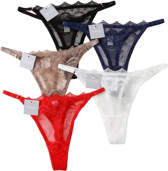 Vijf kanten strings met label 'Emilie'. Zwart, donkerblauw, rood, wit en bruin. Transparant kant met kanten randen en strikjes.
