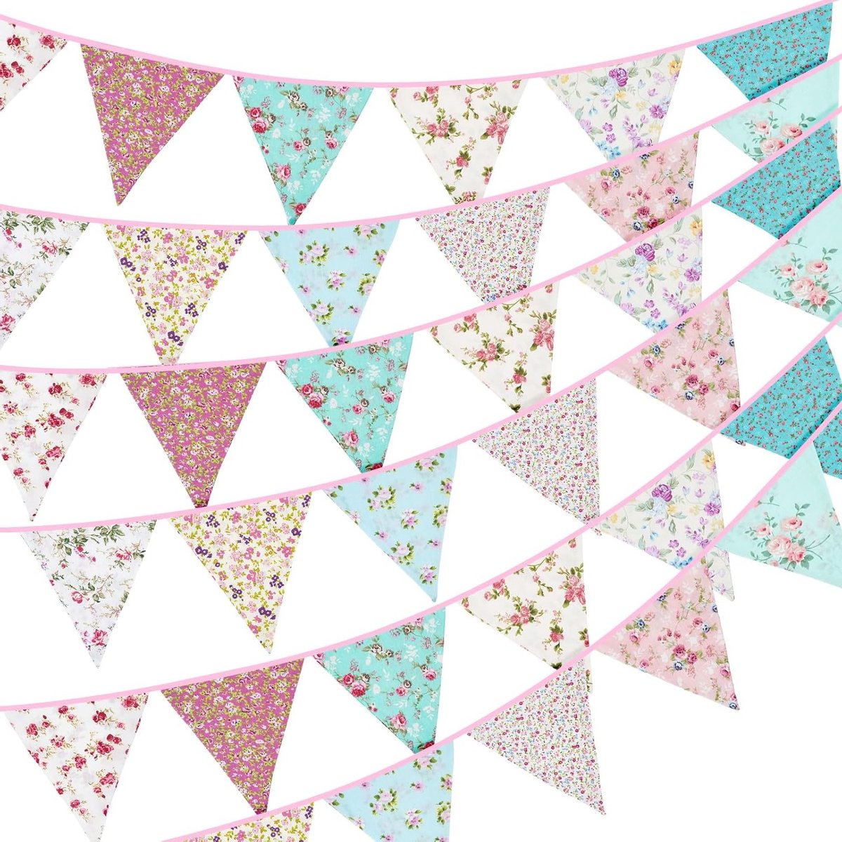 36 Stuks Dubbelzijdige Stoffen Bunting, 10m Blauwe en Paarse Bloemen Banner, Herbruikbare Grote Driehoekige Slingers voor Feestdecoratie Binnen en Buiten