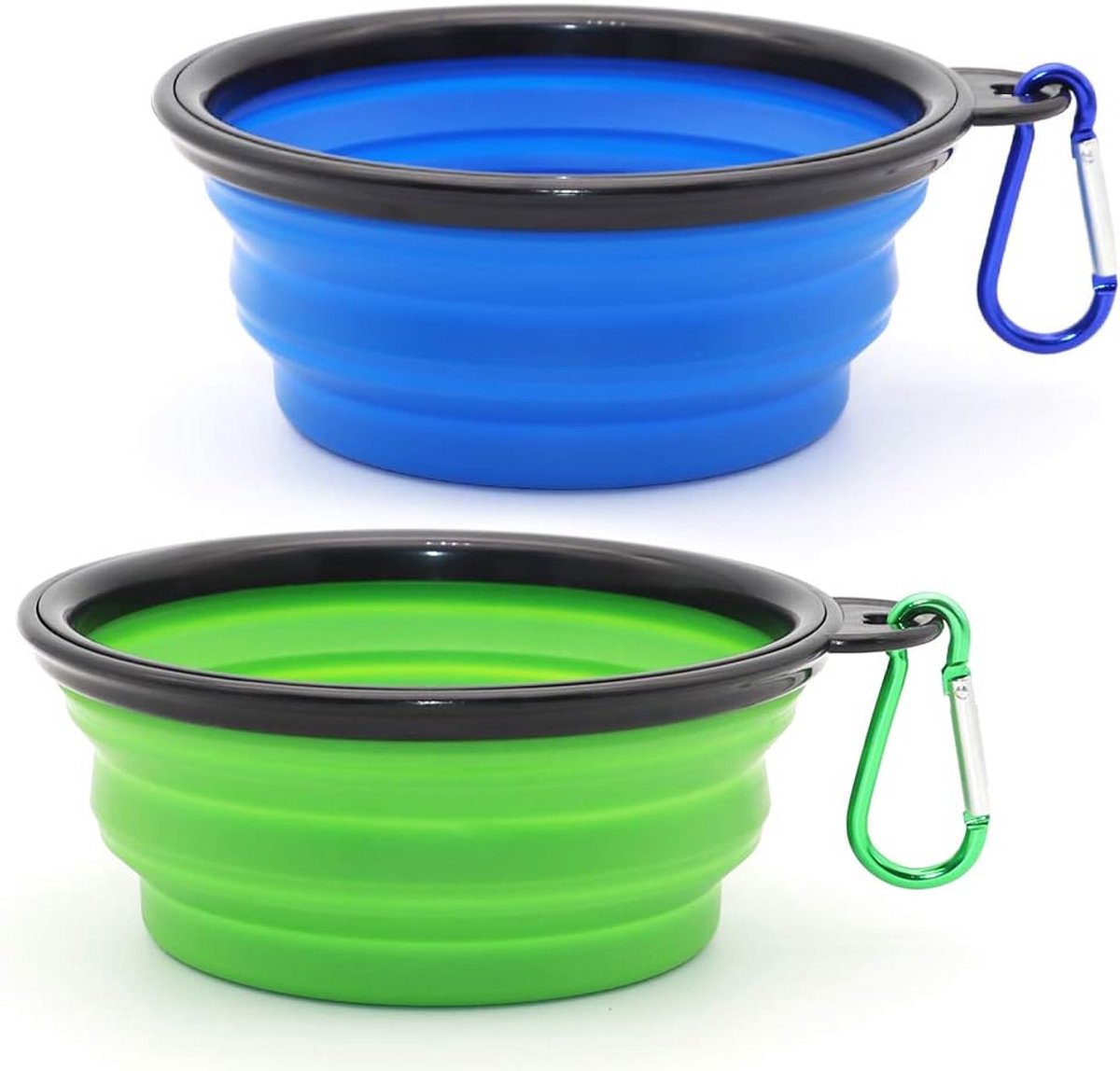OLOEY Opvouwbare voer-en waterbakken voor huisdieren-set van 2-geschikt voor katten en honden-Draagbare voer-en waterbakken voor wandelen-parkeren en reizen-inclusief 2 karabijnhaken (klein-blauw+groen).