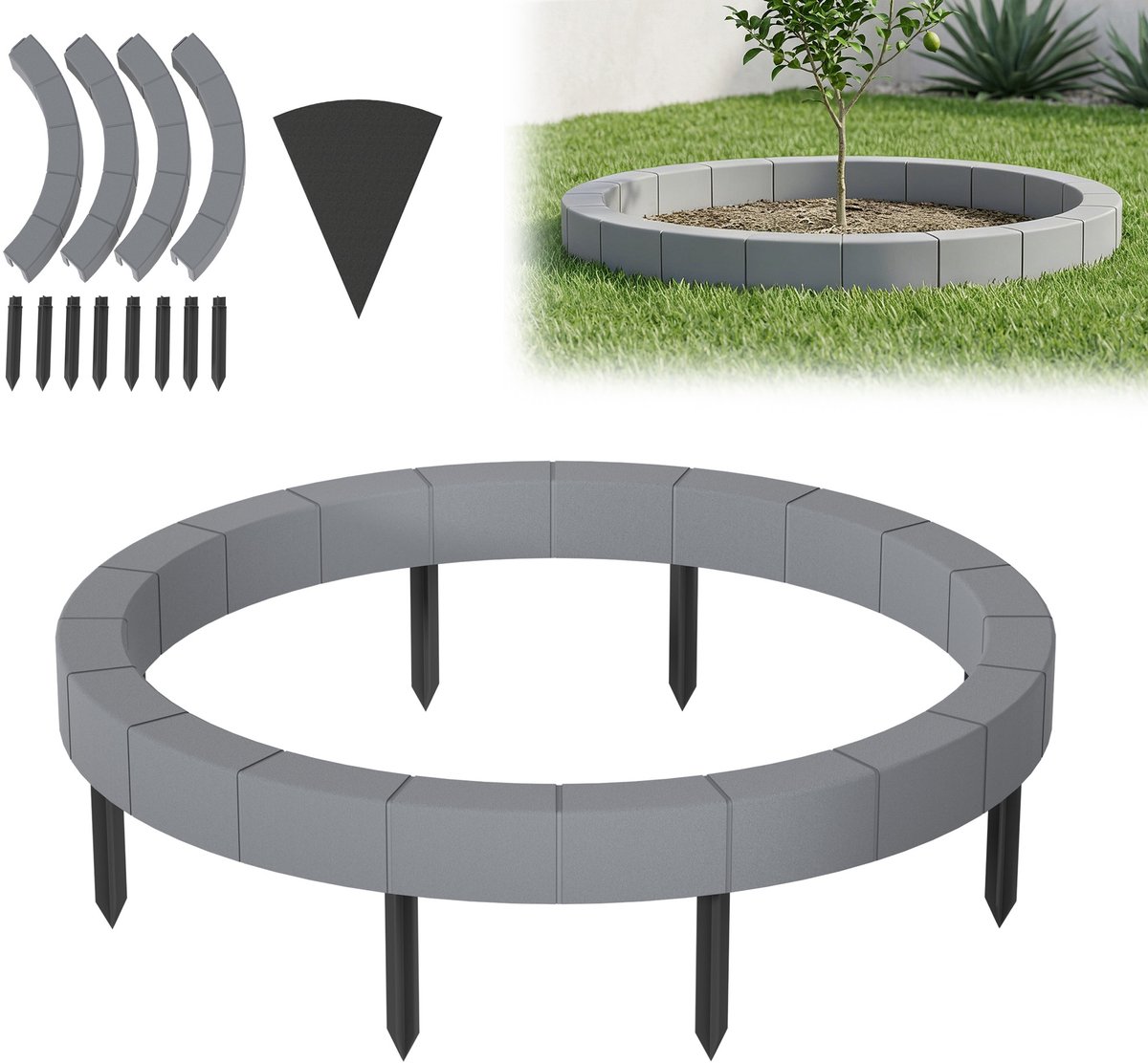 Boomring Ø60 cm grijs met anti-worteldoek – PP kunststof plantenring, tuinrand boomafboording, robotmaaier geschikt
