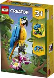 Doos van LEGO Creator 3in1 met een blauw-gele papegaai, een blauwe vis en een blauwe kikker.