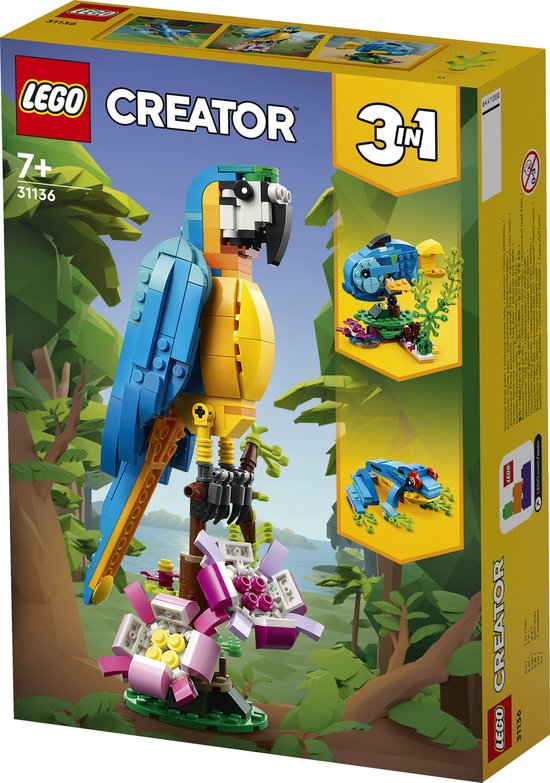 Doos van LEGO Creator 3in1 met een blauw-gele papegaai, een blauwe vis en een blauwe kikker.