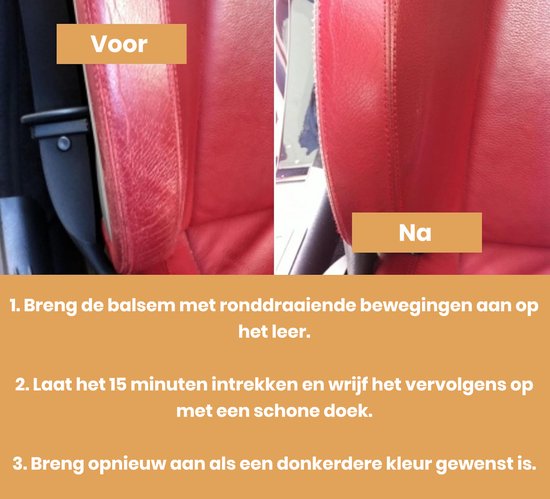 Voor en na foto van een rode autostoel, de linkerhelft is 'voor' met veel scheuren, de rechterhelft is 'na' met hersteld leer.