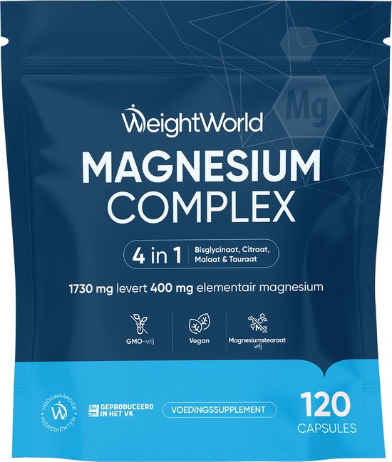 Verpakking van WeightWorld Magnesium Complex, 4 in 1, 120 capsules.