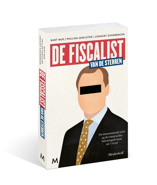 Boek 'De fiscalist van de sterren' met een illustratie van een man in pak met zwarte balk over de ogen en een gele das met stippen.