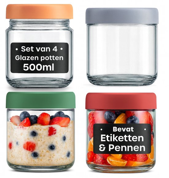 4 Pots pour Overnight Oats, Bocaux Mason de 500 ml avec Couvercles, Étiquettes Noires et Stylo - Pots en Verre Réutilisables et Hermétiques pour Salade, Vinaigrette, Yaourt, Sauce et Céréales