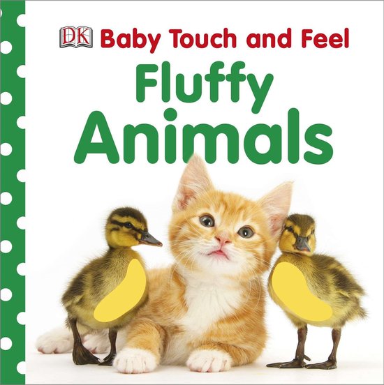 Boek 'Baby Touch and Feel Fluffy Animals' met een oranje kitten en twee kuikens op de voorkant.