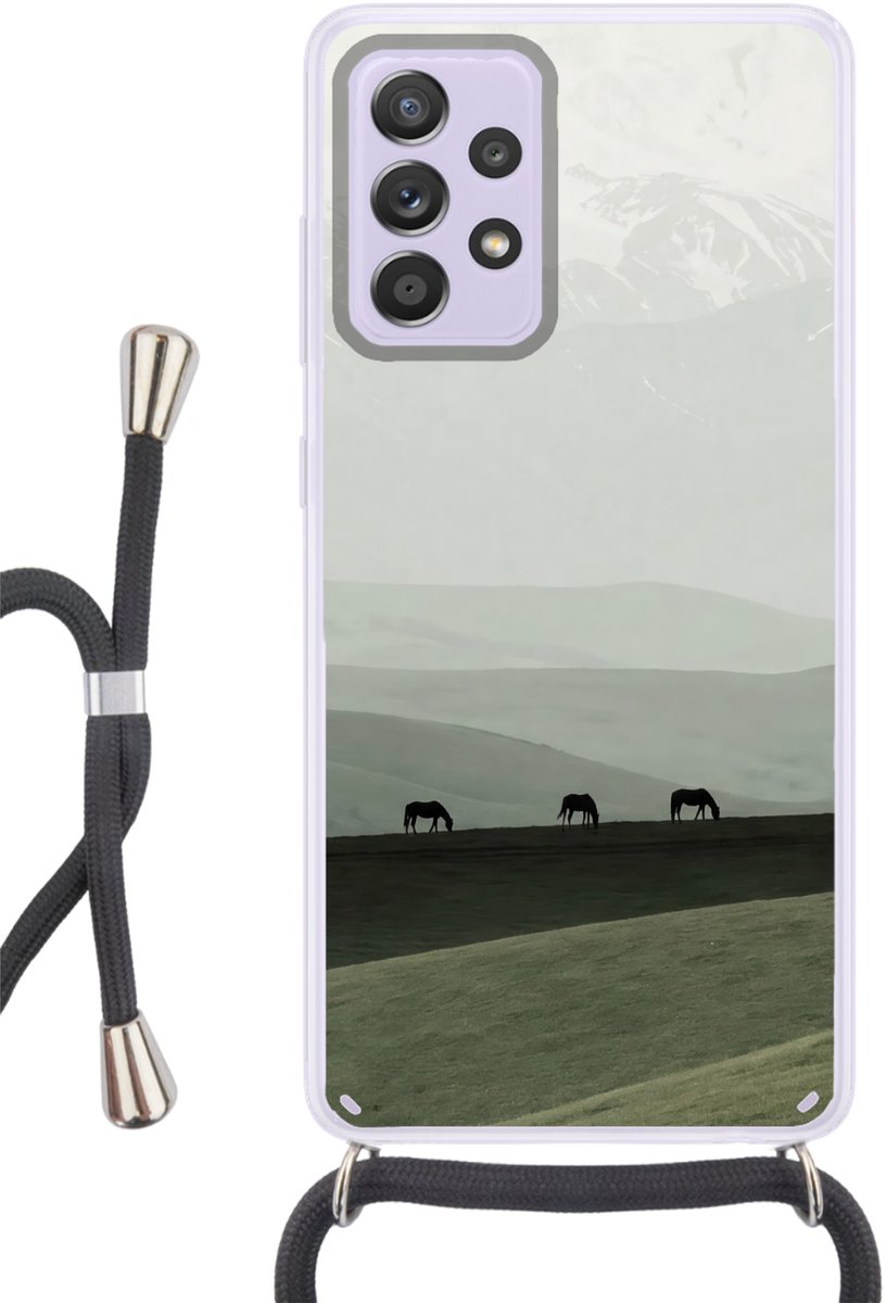 Telefoonhoesje Geschikt voor Samsung Galaxy A53 5G - Grijs - Berg - Paarden - Siliconen - Crossbody - Backcover met Koord - Telefoonhoesje met koord - Hoesje met touw Telefoonhoesje