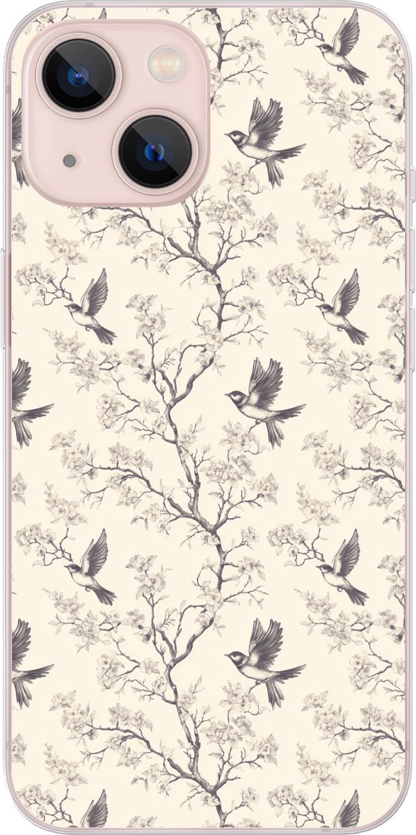 Telefoonhoesje Geschikt voor iPhone 13 hoesje - Takken - Vogels - Beige - Siliconen Telefoonhoesje Telefoonhoesje