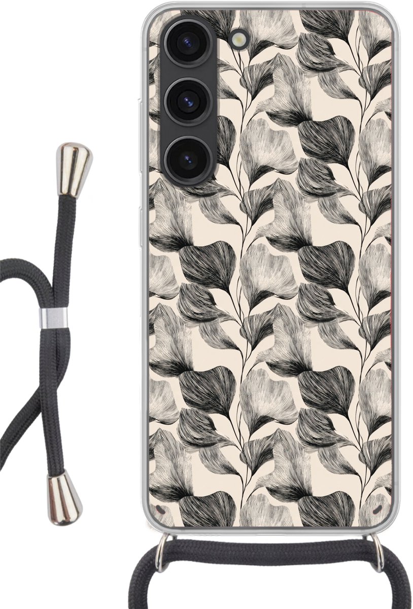 Telefoonhoesje Geschikt voor Samsung Galaxy S23 - Botanisch - Bladeren - Zwart - Siliconen - Crossbody - Backcover met Koord - Telefoonhoesje met koord - Hoesje met touw Telefoonhoesje