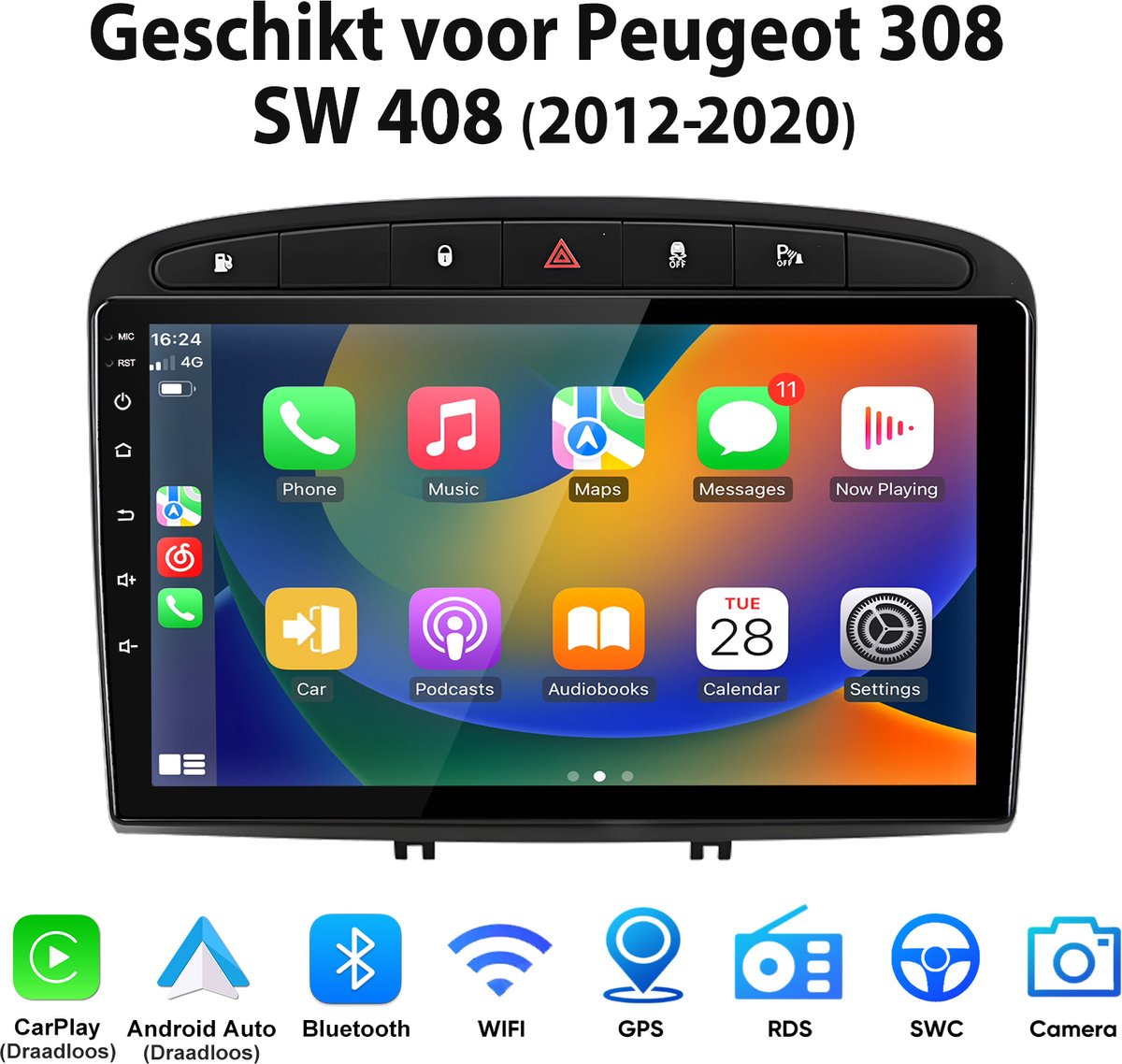 Junsun Autoradio Geschikt voor Peugeot 308, 408, 308SW, RCZ 2012-2020 met Android 15, 4GB + 64GB, Draadloze CarPlay & Android Auto, Bluetooth, GPS-navigatiesystem, 9 Inch TouchScreen, WiFi & USB, FM & RDS, Stuurwielbediening, DSP, Octa-core processor