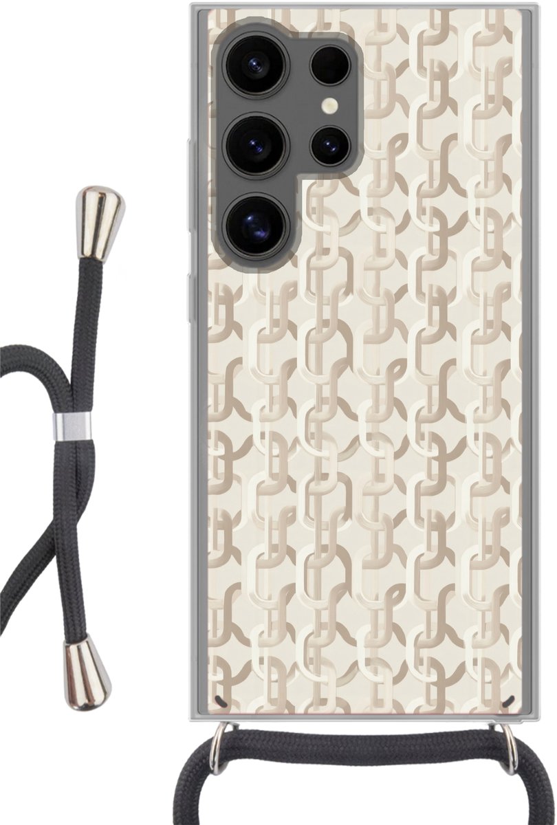 Telefoonhoesje Geschikt voor Samsung Galaxy S24 Ultra - Motief - Abstract - Beige - Siliconen - Crossbody - Backcover met Koord - Telefoonhoesje met koord - Hoesje met touw Telefoonhoesje