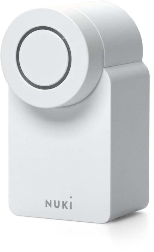 Witte Nuki-deurslot met ronde knop aan de bovenkant en Nuki-logo.