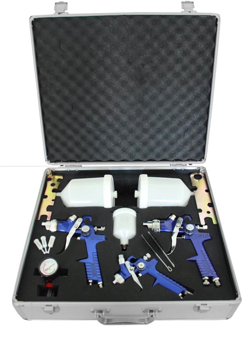 3x HVLP spuitpistool Set spuitpistolen Drukregelaar Koffer Spuitpistool Lucht