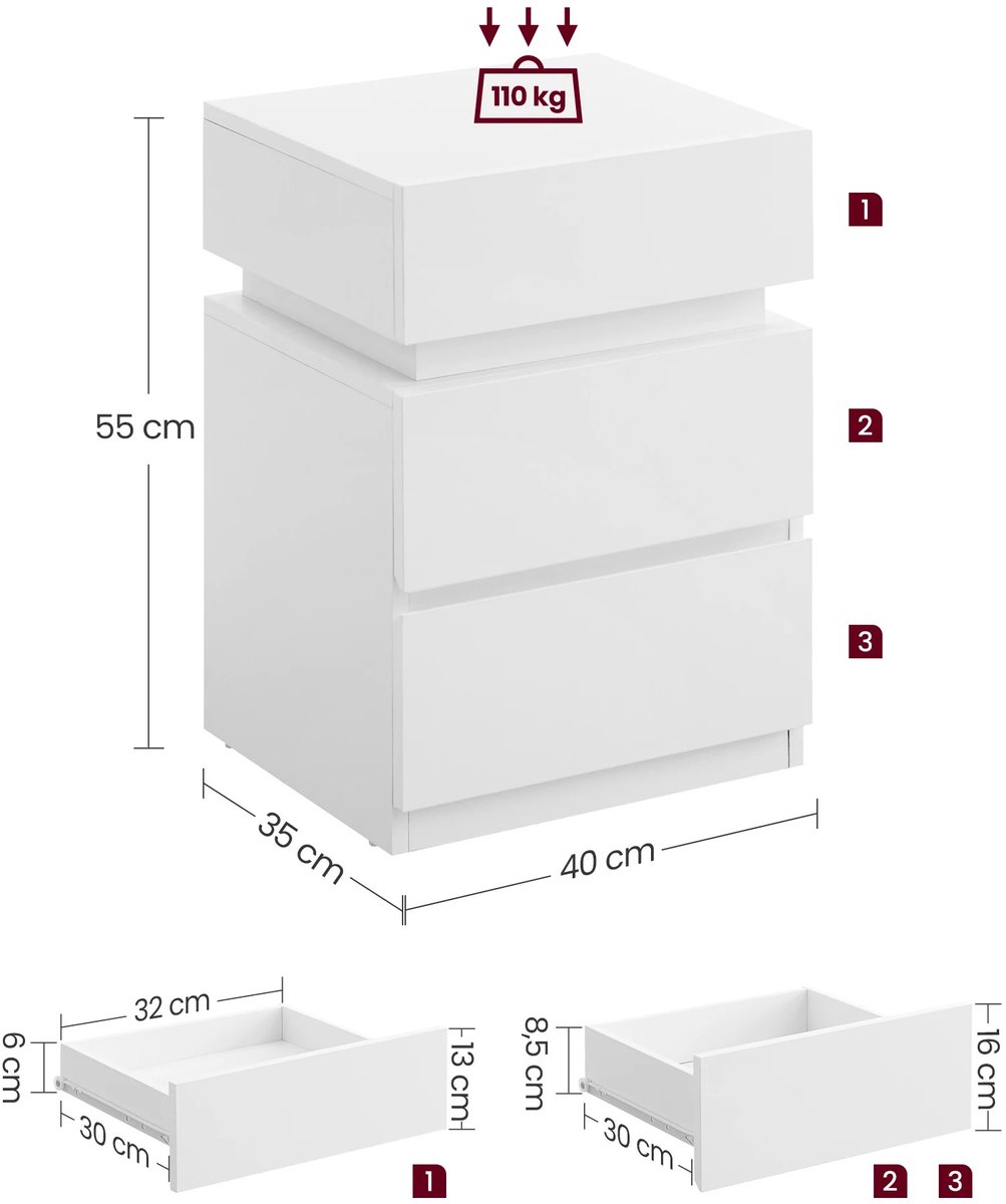NordHaus Nachtkastje met LED Verlichting - Bijzettafel met 3 Lades - Verstelbare Kleuren & Modi - 35x40x55 cm - Wit