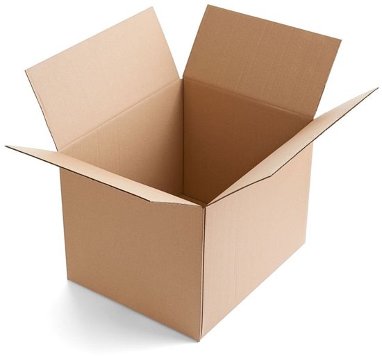Open bruine kartonnen doos met de kleppen wijd open.