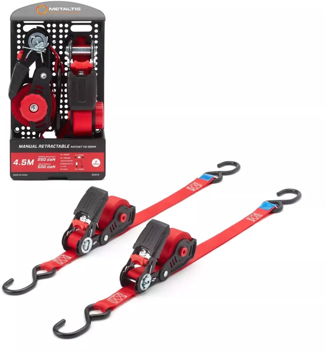 Set van 2 Spanbanden (Sjorbanden) 500kg – 4,5m x 25mm – Met Ratel en S-haken – Oprolbaar – Rood