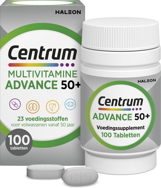 Centrum Advance 50+ multivitamine verpakking en pot met 100 tabletten. Bevat 23 voedingsstoffen voor volwassenen vanaf 50 jaar.